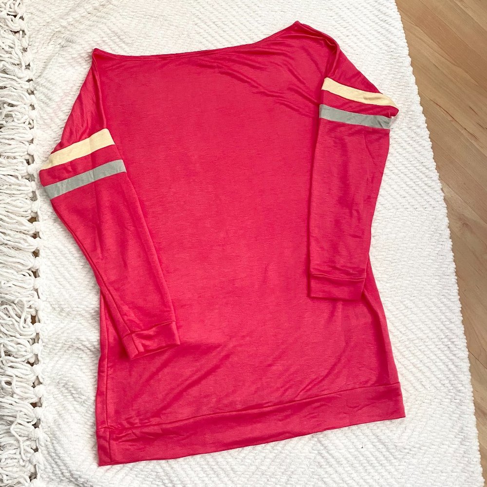 White Birch Pink Varsity Stripe, Wide Neck, Long Sleeve Tee, Medium